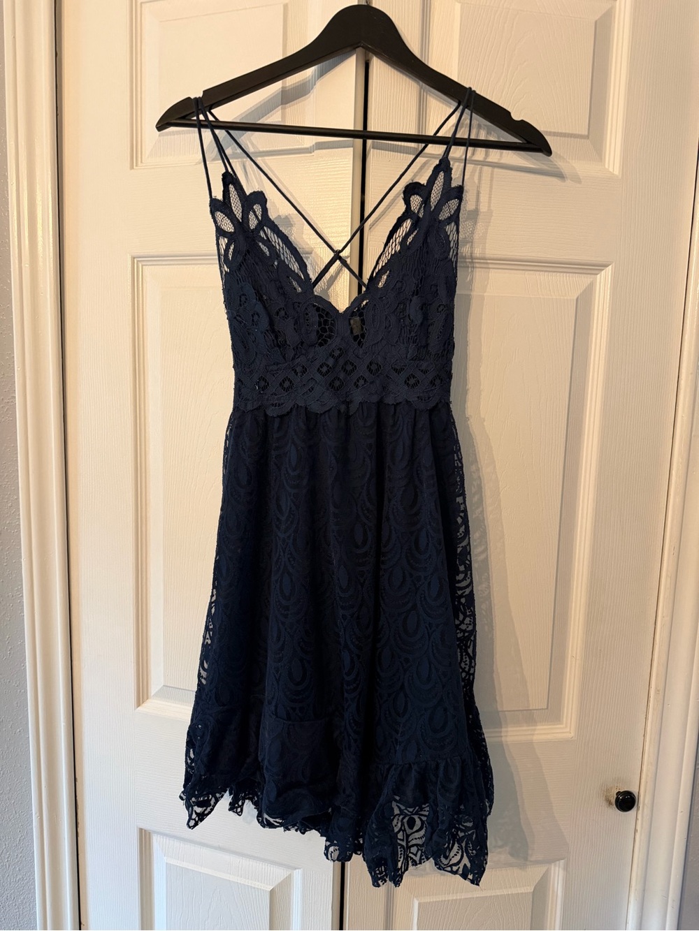 Free People Navy Lace Mini Dress with Crisscross Straps